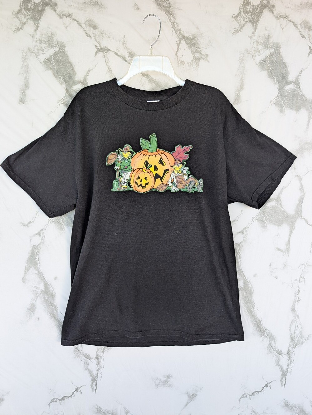 Vintage Halloween Jack O Lantern Scarecrow Black Graphic T Shirt Large